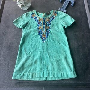 Vintage Boho Embroidered Tunic Dress – Teal | Floral Detail | XS/S